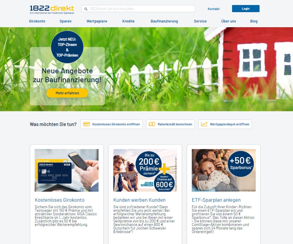 Homepage der 1822direkt Bank
